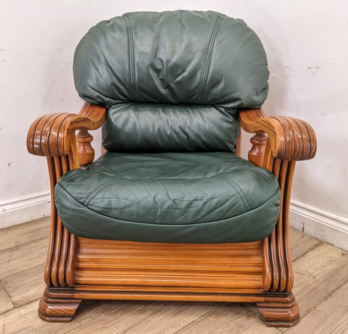 Armchair green leather ornate - green,
